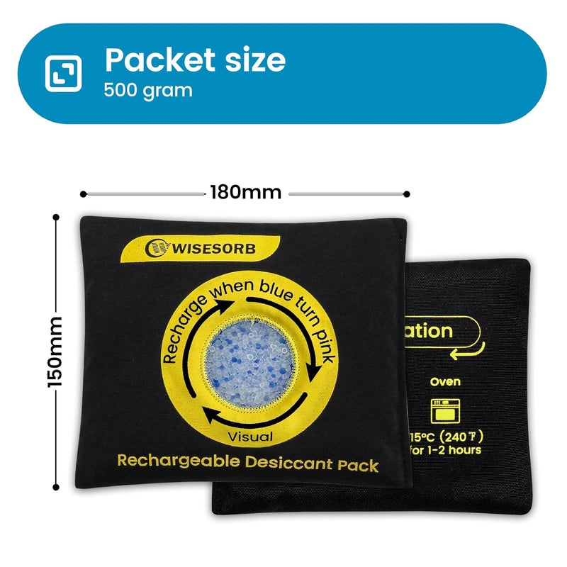 Wisesorb 500g Reusable Silica Gel Desiccant Packs, Rechargeable Dehumidifier Moisture Absorbers with Color Indicator for Storage, Gun Safes, Suitcases, 3D Printing Filaments, Electronics, Car [2 Pack] - Image 2